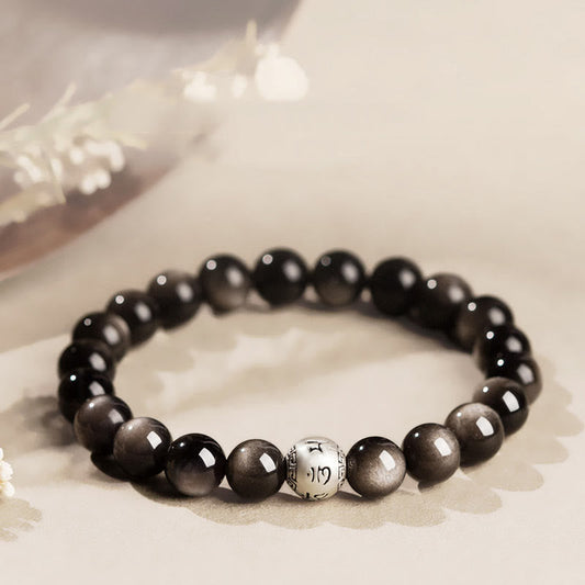 Buddhist Blessing Natural Silver Sheen Obsidian Om Mani Padme Hum Protection Bracelet