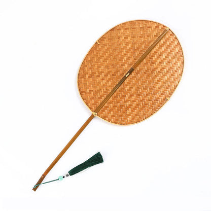 Buddhist Blessing Chinese Style Handmade Bamboo Woven Oval Round Banana Conical Shape Long Handle Fan