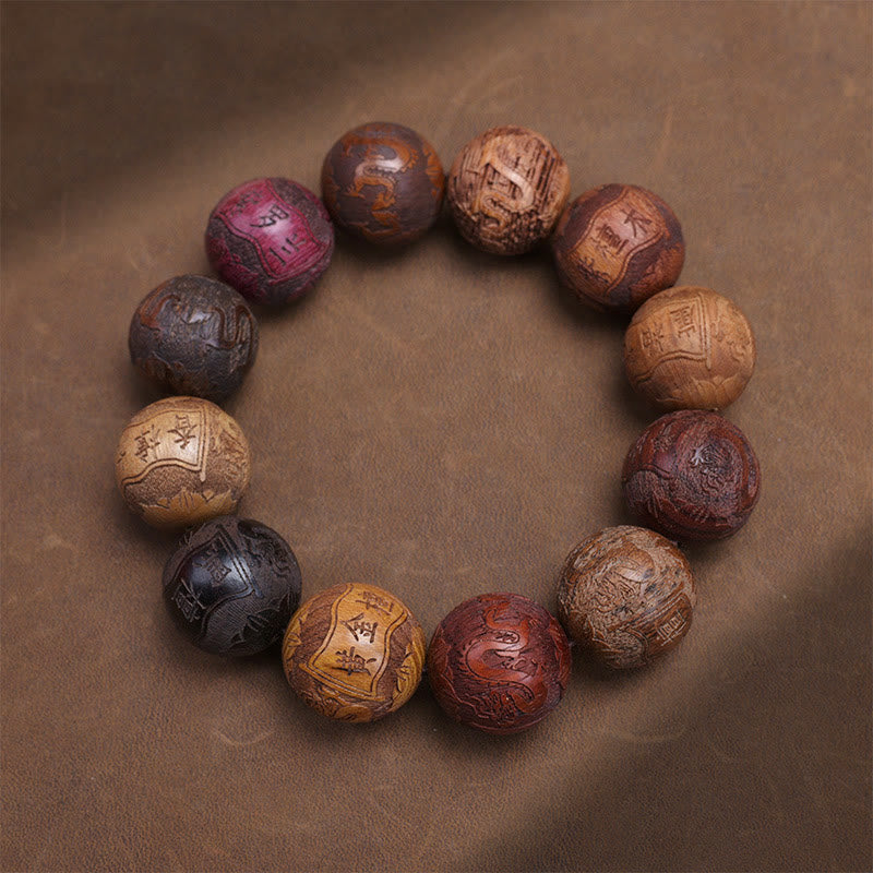 Buddhist Blessing Carving Sandalwood Chinese Zodiac Auspicious Dragon Phoenix Fu Character Healing Bracelet