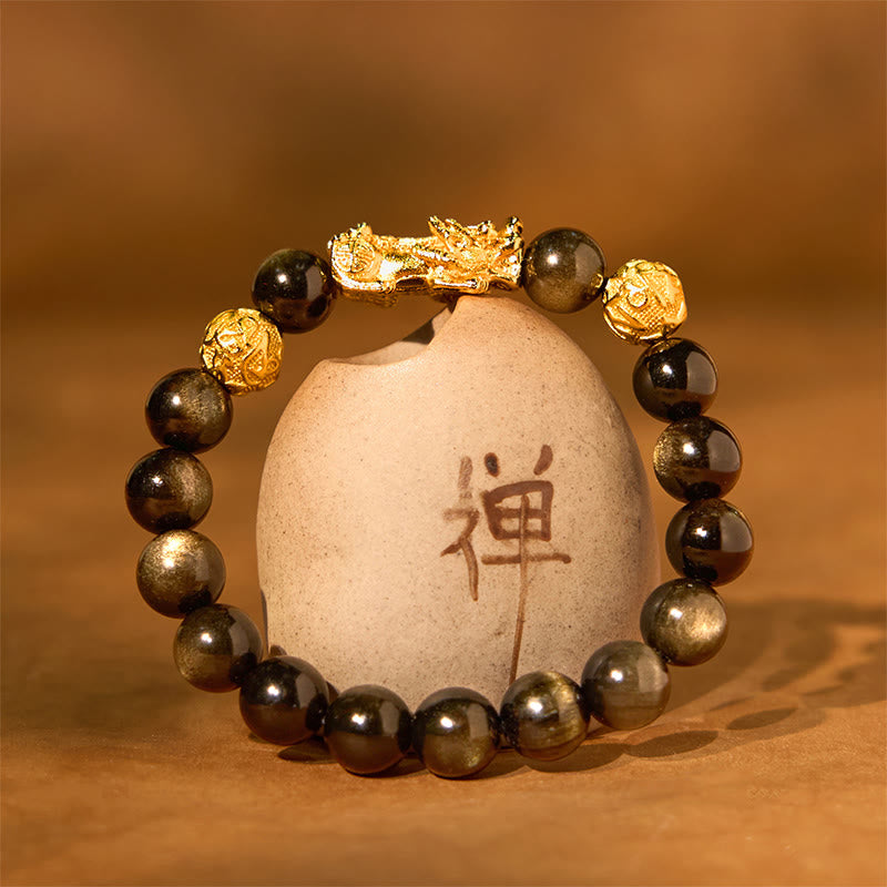 Buddhist Blessing Natural Gold Sheen Obsidian PiXiu Om Mani Padme Hum Wealth Bracelet