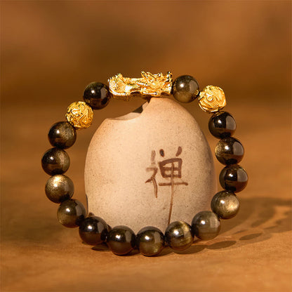 Buddhist Blessing Natural Gold Sheen Obsidian PiXiu Om Mani Padme Hum Wealth Bracelet