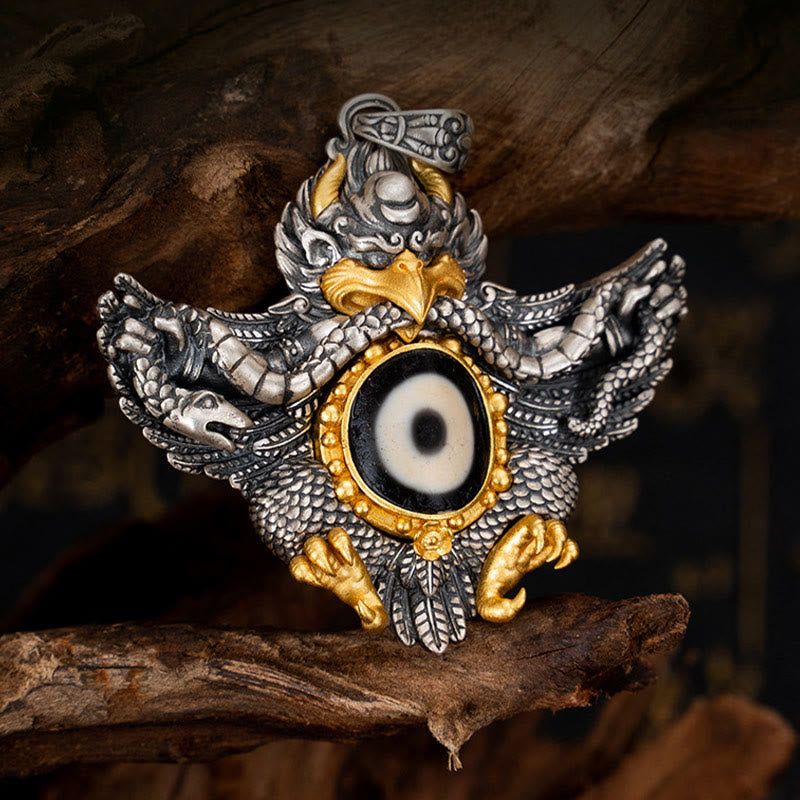 Buddhist Blessing 925 Sterling Silver Tibet Garuda Bird Dzi Bead Protection Necklace Pendant