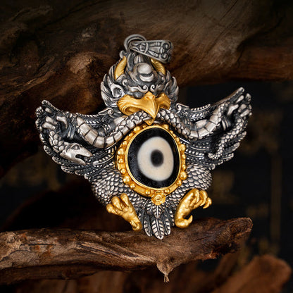 Buddhist Blessing 925 Sterling Silver Tibet Garuda Bird Dzi Bead Protection Necklace Pendant