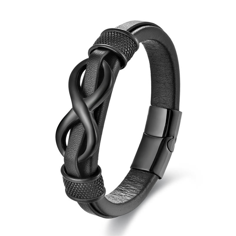 Buddhist Blessing Endless Knot Infinity Symbol Design Titanium Steel Balance Leather Buckle Bracelet