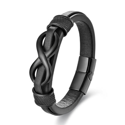 Buddhist Blessing Endless Knot Infinity Symbol Design Titanium Steel Balance Leather Buckle Bracelet