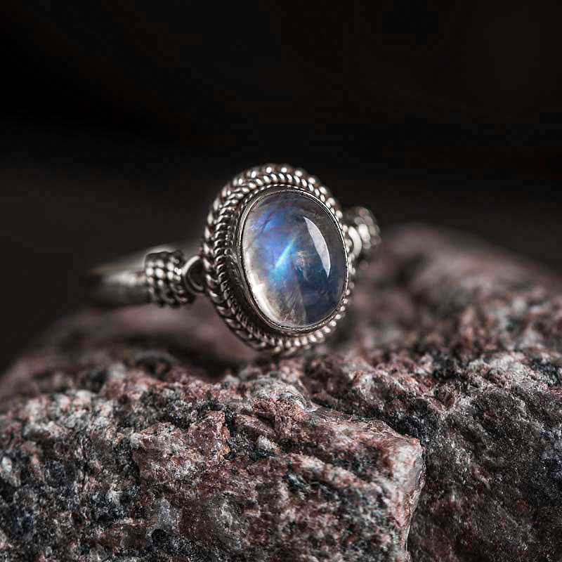 Buddhist Blessing 925 Sterling Silver Natural Moonstone Positive Ring
