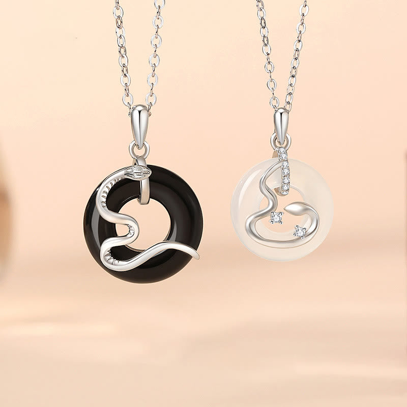 Buddhist Blessing 925 Sterling Silver Black Onyx Chalcedony Peace Buckle Year Of The Snake Luck Necklace Pendant