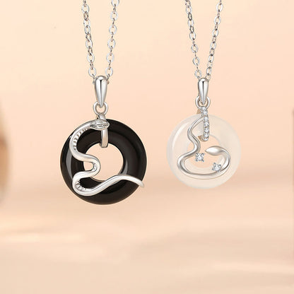 Buddhist Blessing 925 Sterling Silver Black Onyx Chalcedony Peace Buckle Year Of The Snake Luck Necklace Pendant