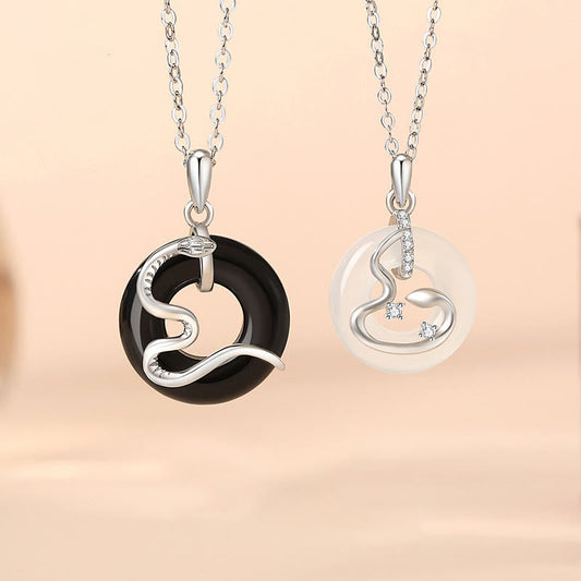 Buddhist Blessing 925 Sterling Silver Black Onyx Chalcedony Peace Buckle Year Of The Snake Luck Necklace Pendant