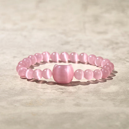 Buddhist Blessing Lovely Cat Head Pink Cat's Eye White Cat's Eye Spiritual Beads Bracelet