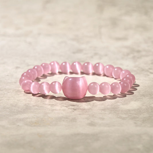 Buddhist Blessing Lovely Cat Head Pink Cat's Eye White Cat's Eye Spiritual Beads Bracelet