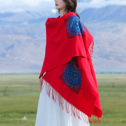 Buddhist Blessing Tibetan Geometric Round Mandala Pattern Tassels Shawl Fall Winter Cozy Scarf Wrap With Pockets