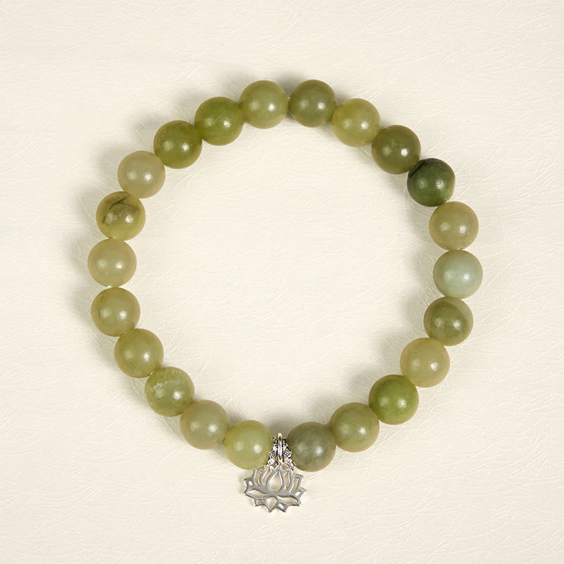 Buddhist Blessing 925 Sterling Silver Lotus Natural Cyan Jade Luck Bracelet