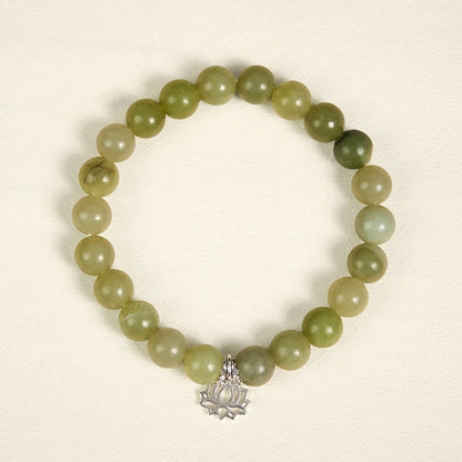 Buddhist Blessing 925 Sterling Silver Lotus Natural Cyan Jade Luck Bracelet