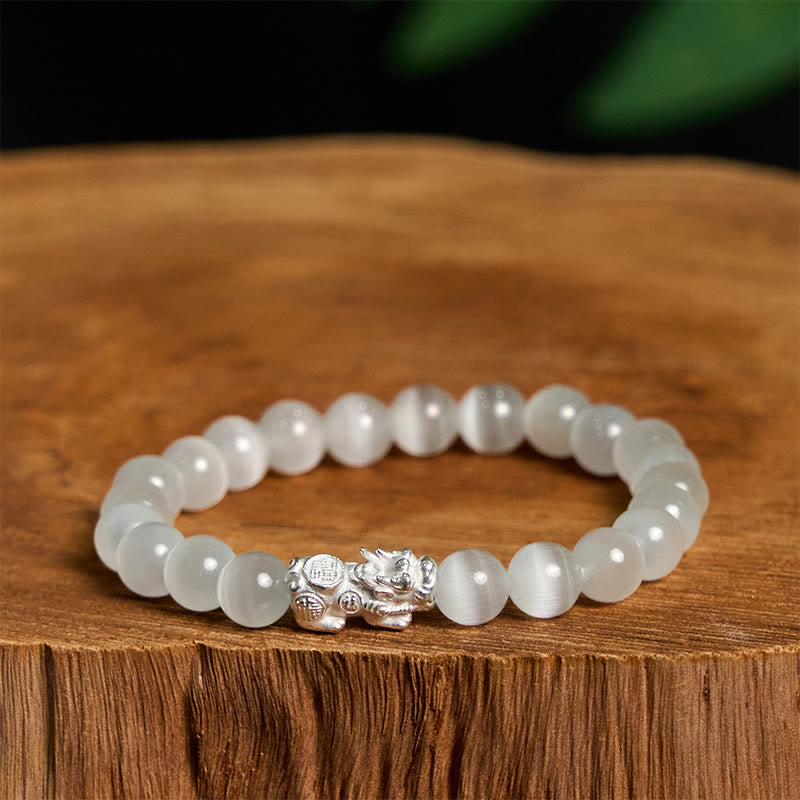 Buddhist Blessing Natural Cat's Eye Beads 990 Sterling Silver Pixiu Positive Bracelet