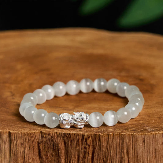 Buddhist Blessing Natural Cat's Eye Beads 990 Sterling Silver Pixiu Positive Bracelet