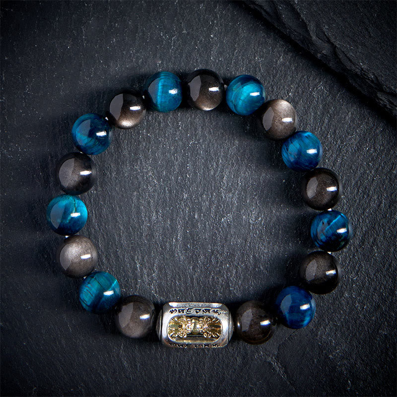 Buddhist Blessing Natural Silver Sheen Obsidian Blue Tiger Eye Om Mani Padme Hum Soothing Bracelet