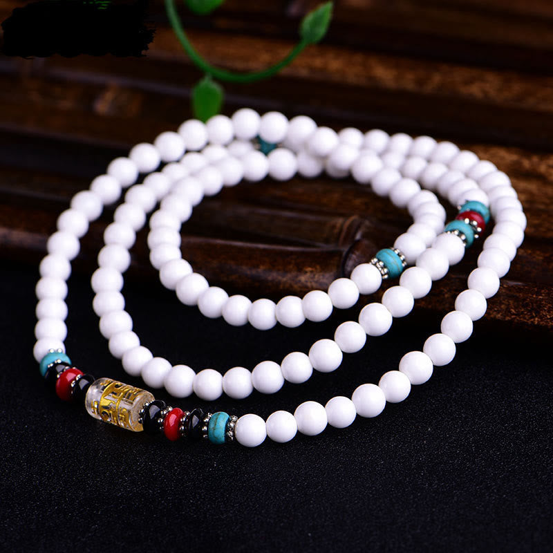 Buddhist Blessing 108 Mala Beads White Porcelain Six True Words 'Om Mani Padme Hum' Patience Bracelet