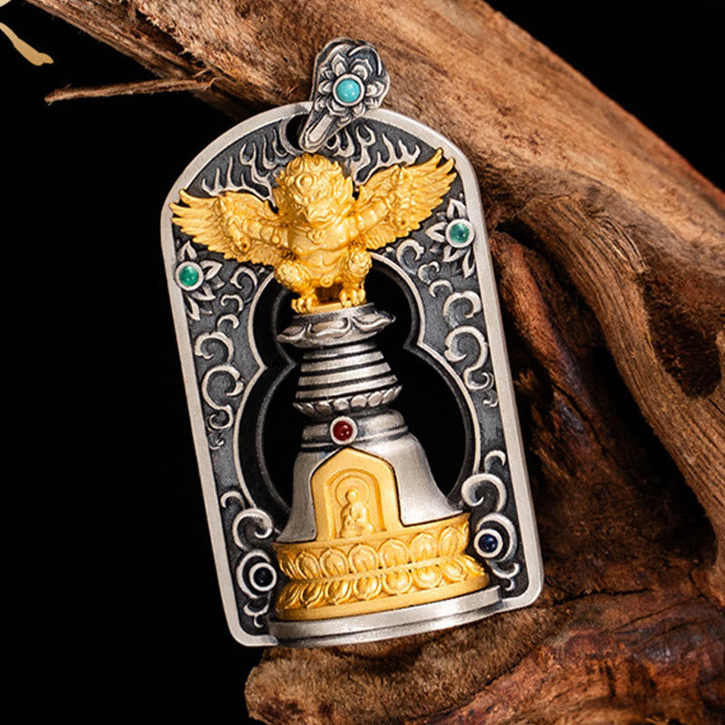 Buddhist Blessing 925 Sterling Silver Tibetan Garuda Bird Vajra Dorje Bell Protection Necklace Pendant