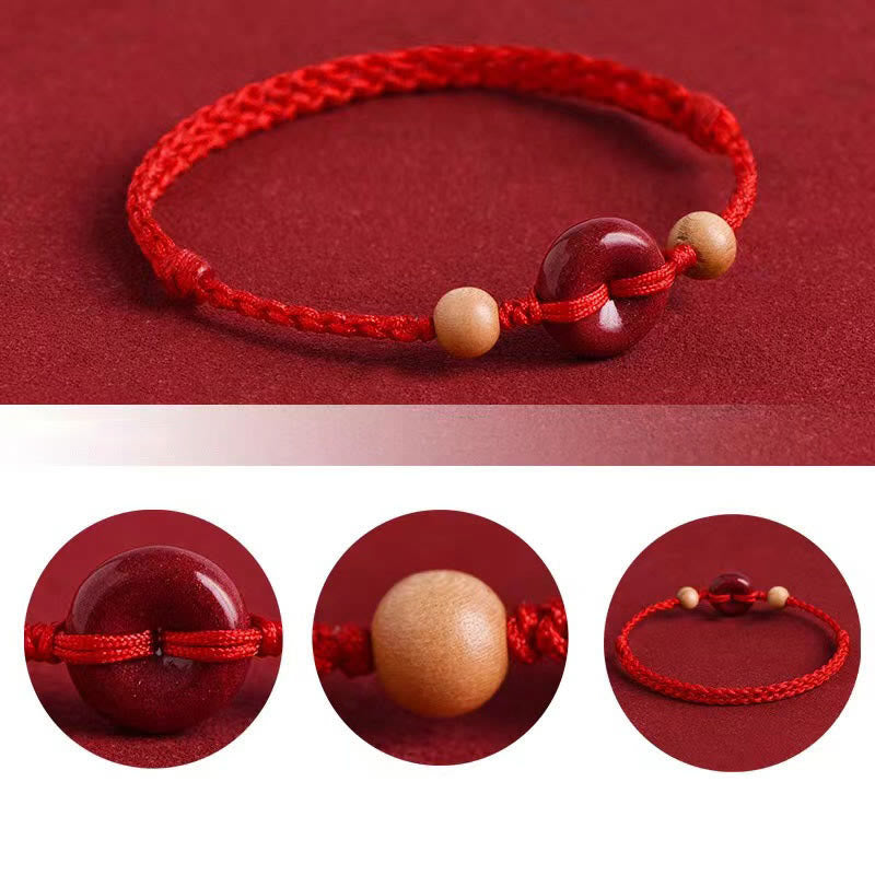 Buddhist Blessing Peach Wood Peace Buckle Cinnabar Wealth String Bracelet Anklet
