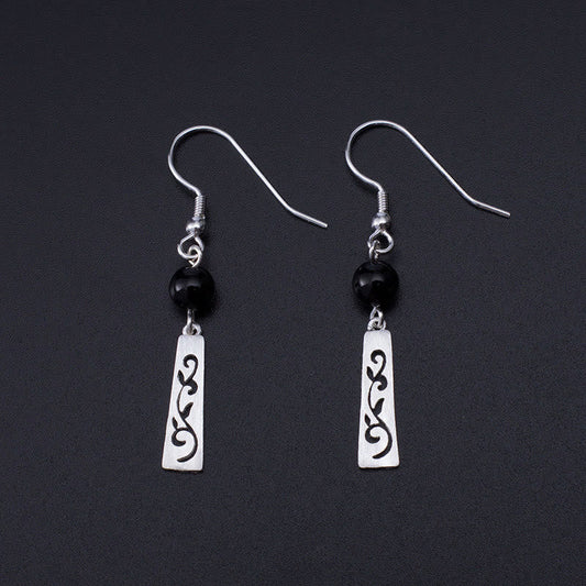 Buddhist Blessing 925 Sterling Silver Black Onyx Hollow Vine Protection Drop Earrings