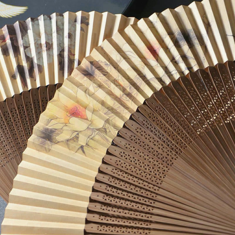Buddhist Blessing Lotus Dragonfly Peony Butterfly Handheld Paper Bamboo Folding Fan 22.5cm