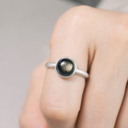 Buddhist Blessing Natural 925 Sterling Silver Gold Sheen Obsidian Adjustable Wealth Ring