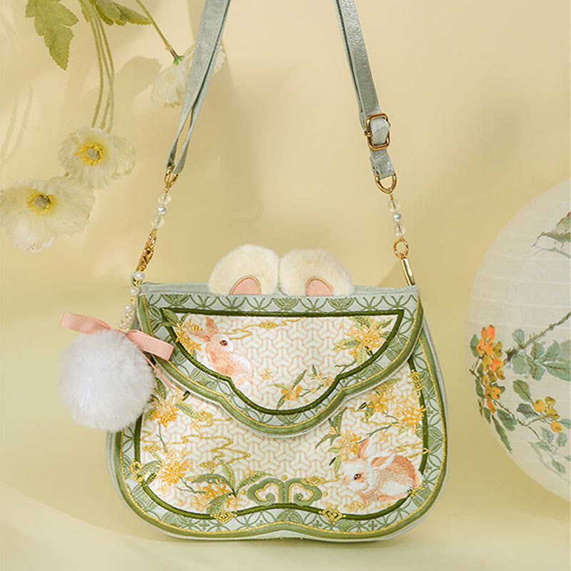 Buddhist Blessing Osmanthus Rabbit Embroidery Pearl Chain Furball Tassel Shoulder Bag Crossbody Bag