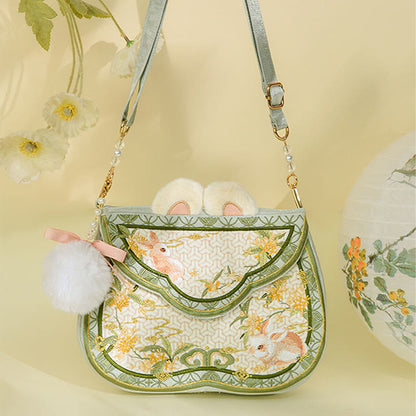 Buddhist Blessing Osmanthus Rabbit Embroidery Pearl Chain Furball Tassel Shoulder Bag Crossbody Bag