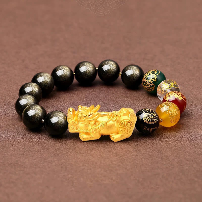Buddhist Blessing Natural Gold Sheen Obsidian PiXiu Five Directions Gods of Wealth Protection Bracelet