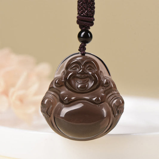 Buddhist Blessing Natural Black Obsidian Ice Obsidian Laughing Buddha Purification Necklace Pendant