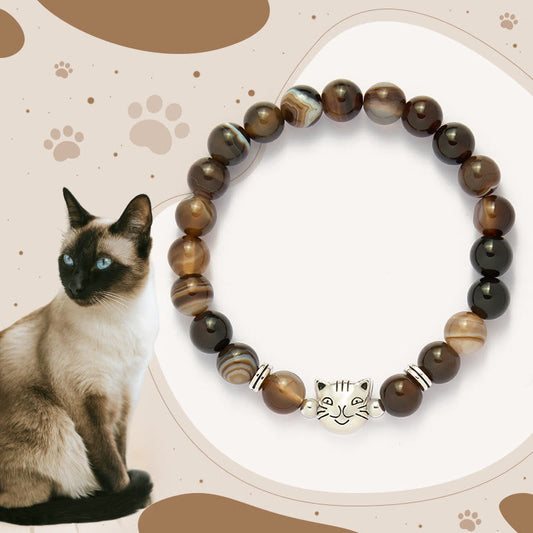 Buddhist Blessing Chocolate Siamese Cat Natural Brown Striped Agate Bead Stability Bracelet