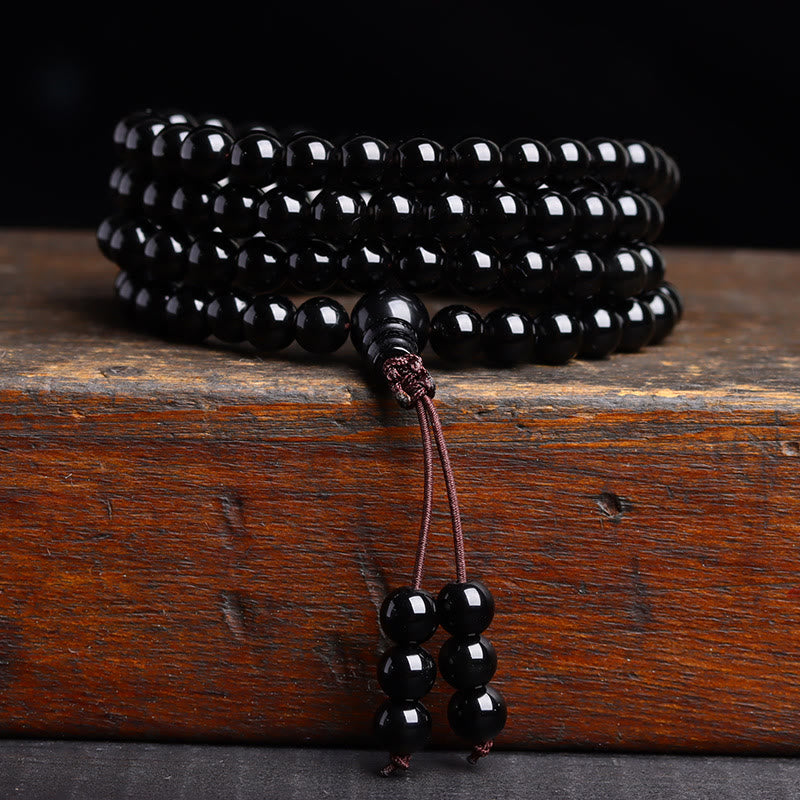 Buddhist Blessing 108 Mala Beads Black Obsidian lce Obsidian Fulfilment Bracelet
