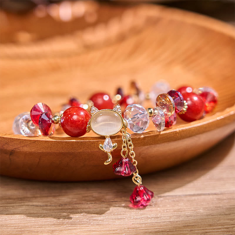 Buddhist Blessing Amethyst Green Crystal Red Crystal Cat Balance Bracelet