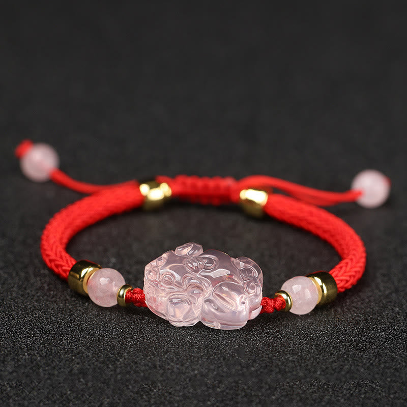 Buddhist Blessing PiXiu Pink Crystal Wealth String Braided Bracelet