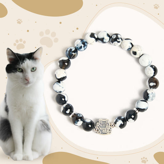 Buddhist Blessing 925 Sterling Silver Black and White Cat Fire Agate Bead Love Bracelet