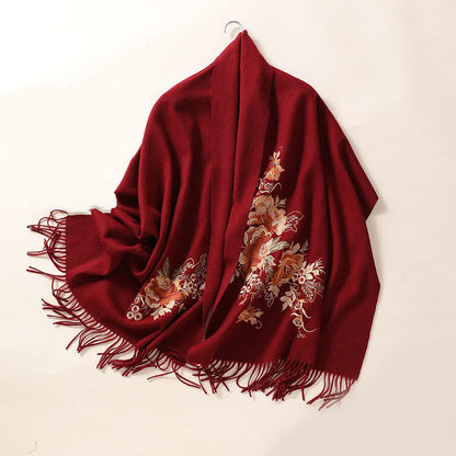 Buddhist Blessing Wool Shawl Red Flower Leaves Embroidery Tassel Winter Cozy Travel Scarf Wrap
