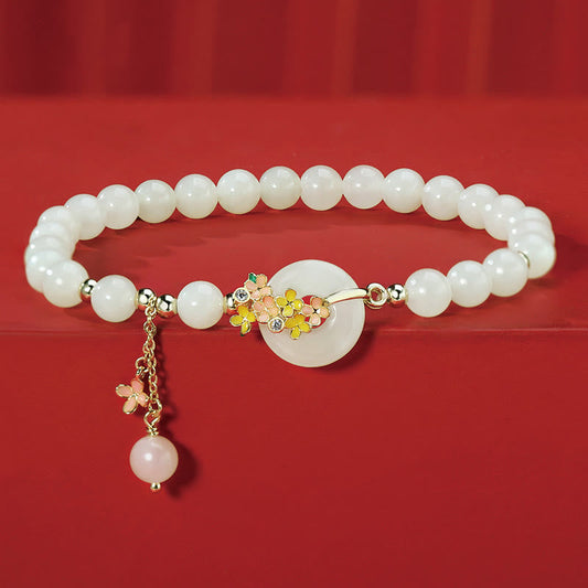 Buddhist Blessing 925 Sterling Silver Natural Hetian Jade Osmanthus Flowers Peace Buckle Zircon Luck Bracelet Necklace Pendant