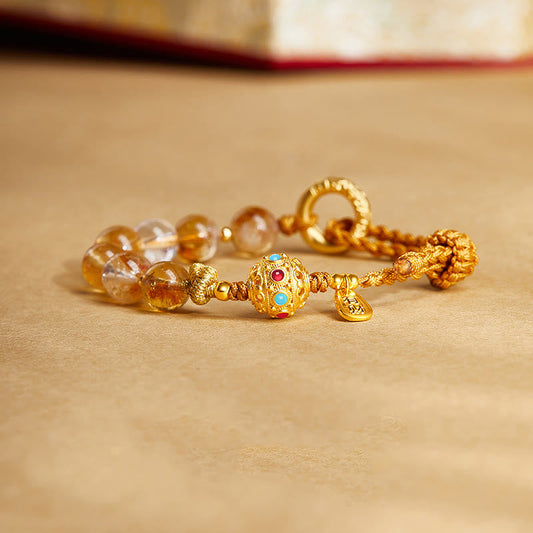 Buddhist Blessing 925 Sterling Silver Natural Citrine White Crystal Peace Buckle Meaning Fu Character Protection Braided String Bracelet