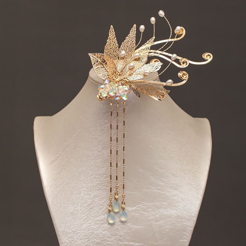 Buddhist Blessing Traditional Chinese Golden Leaf Flower Tassel Hair Clip