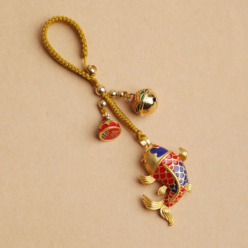 Buddhist Blessing Colorful Koi Fish Hollow Bell Wealth Luck Key Chain