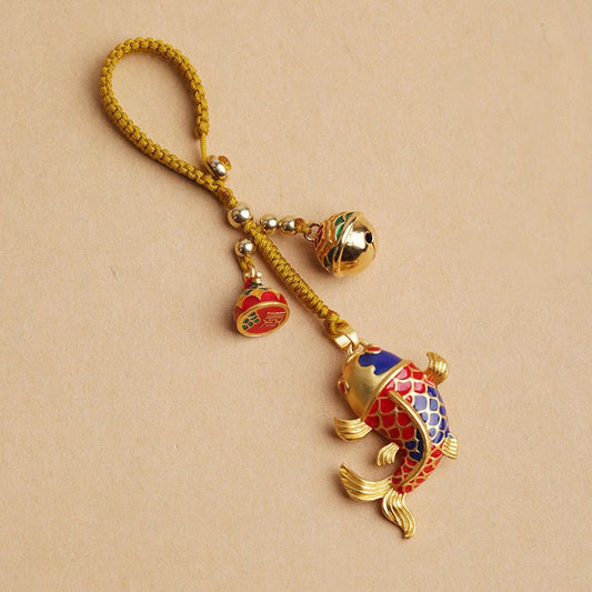 Buddhist Blessing Colorful Koi Fish Hollow Bell Wealth Luck Key Chain