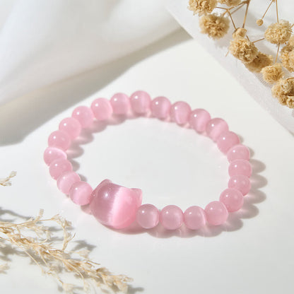 Buddhist Blessing Lovely Cat Head Pink Cat's Eye White Cat's Eye Spiritual Beads Bracelet