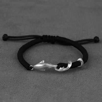 Buddhist Blessing 999 Sterling Silver Shark Black Wax Rope Protection Bracelet