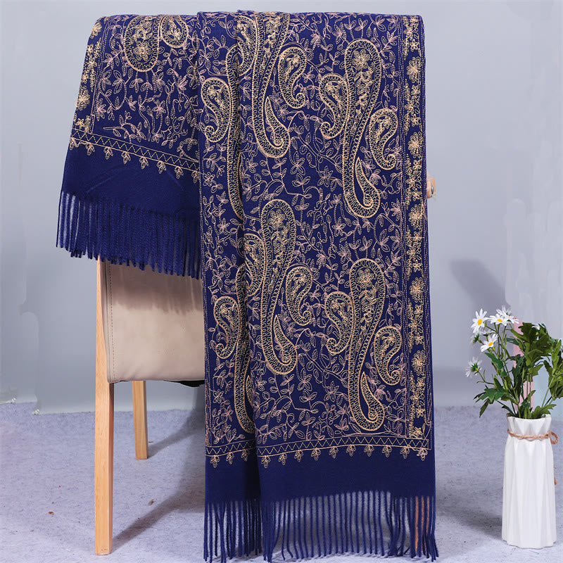 Buddhist Blessing Rayon Fabric Shawl Golden Cashew Flowers Embroidery Tassel Winter Cozy Travel Scarf Wrap