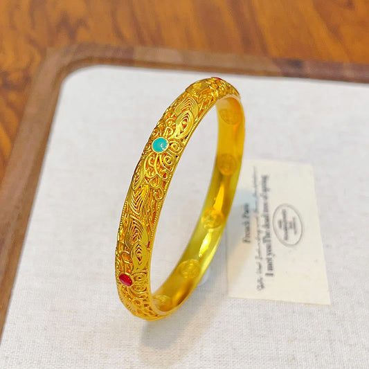 Buddhist Blessing Copper Plated Gold Flowers Leaves Luck Bracelet Bangle
