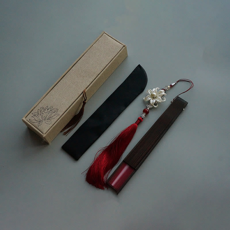 Buddhist Blessing Red Lily Tassel Hollow Rib Silk Handheld Bamboo Folding Fan