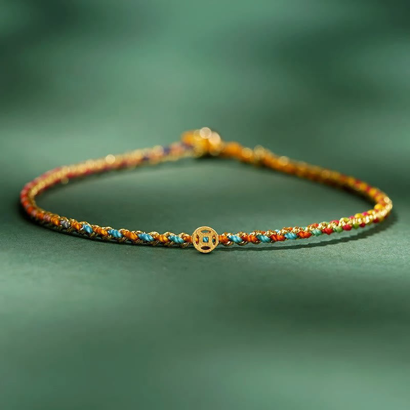 Buddhist Blessing Colorful Rope Luck Coin Bead Abundance Extra Thin Braided Bracelet