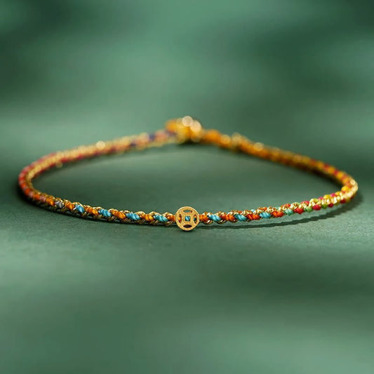 Buddhist Blessing Colorful Rope Luck Coin Bead Abundance Extra Thin Braided Bracelet