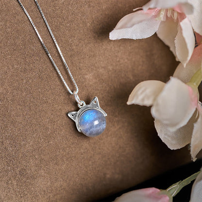 Buddhist Blessing 925 Sterling Silver Moonstone Cat Healing Necklace Pendant
